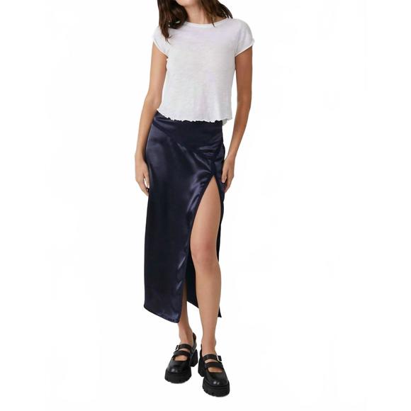 NEW FREE PEOPLE dakota satin midi skirt in navy